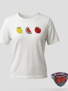LIV Milano Fruit Beaded Knit Top Women’s Large Eggshell NWT Short Sleeve